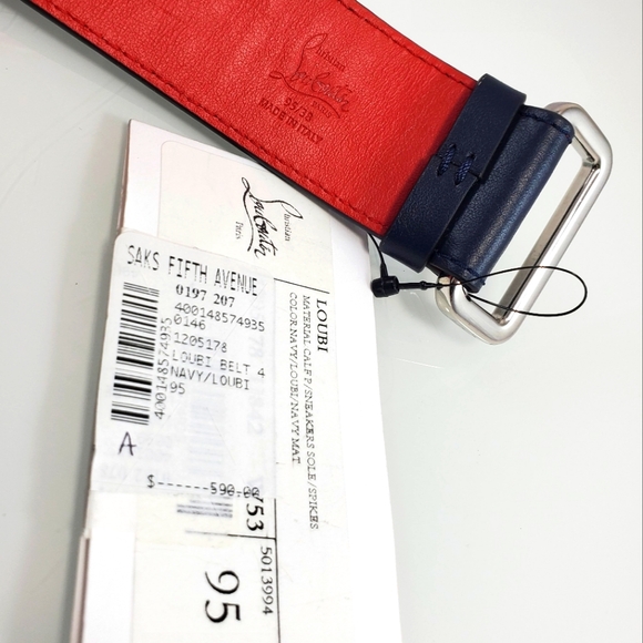 NWT$590 Louboutin Mens Loubi Sneaker Spiked Navy Blue and Red Belt Sz 95cm, 38" - Picture 9 of 10